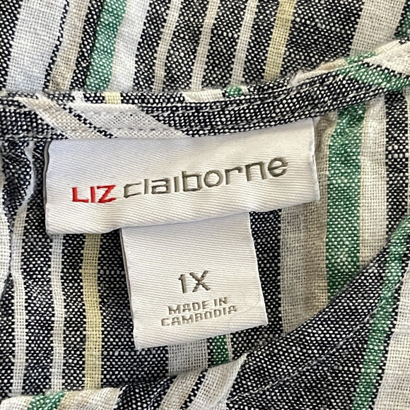Liz Claiborne Dress Womens Plus Size 1X Striped Linen Cotton Pockets Knee Length - Picture 6 of 11